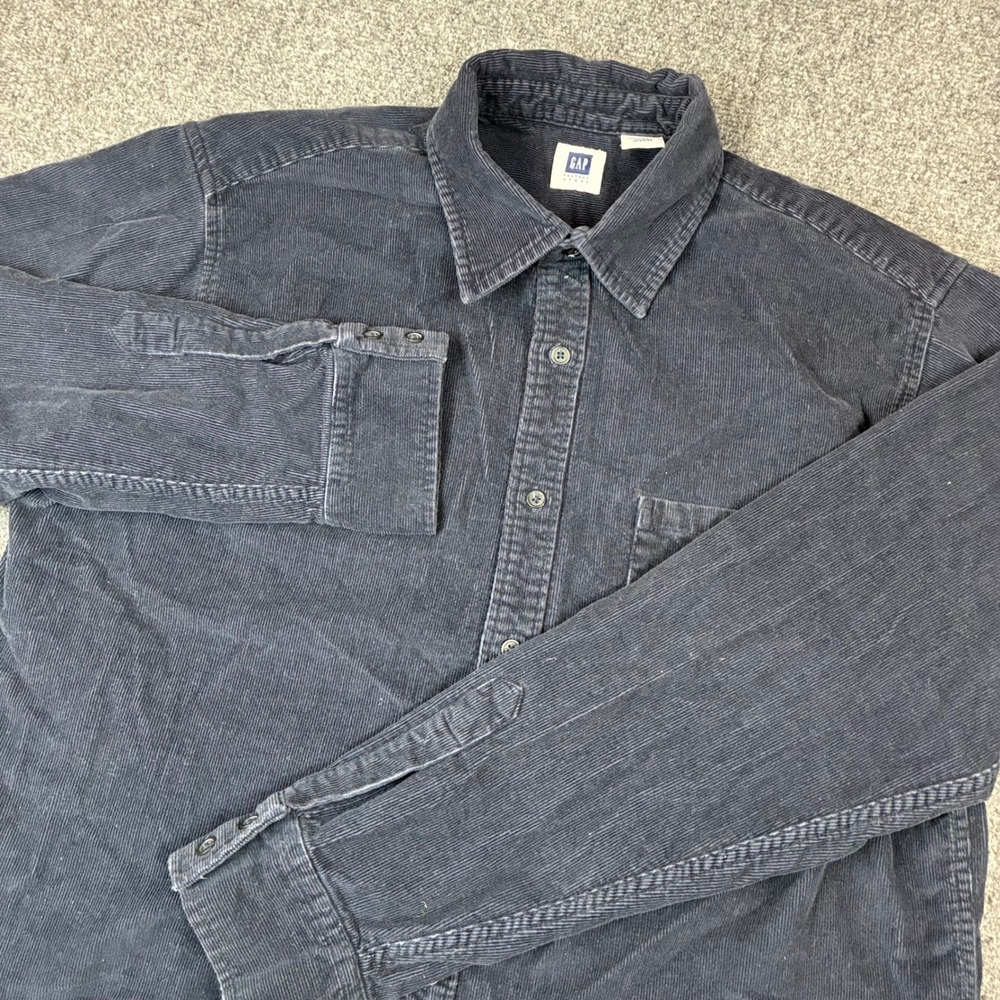 Y2K Gap Factory Mens Size Large Corduroy Button Down Shirt Navy Blue Long Sleeve